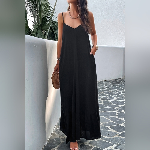 Oversized Pocket Casual Sleeveless V-Neck Low Back Long Summer Maxi Dress - Picture 3 of 16